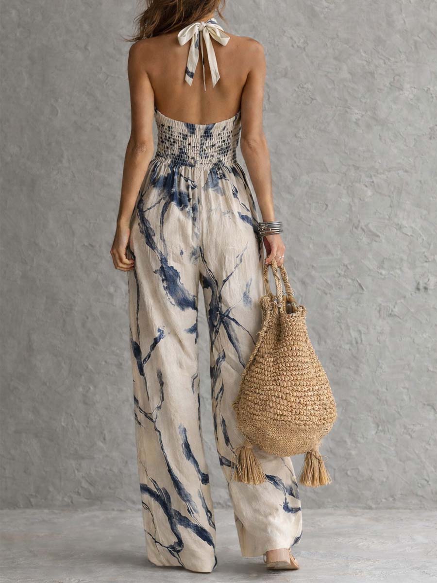 Sofia - Tuta a gamba larga con stampa tie-dye e collo halter, con tasche