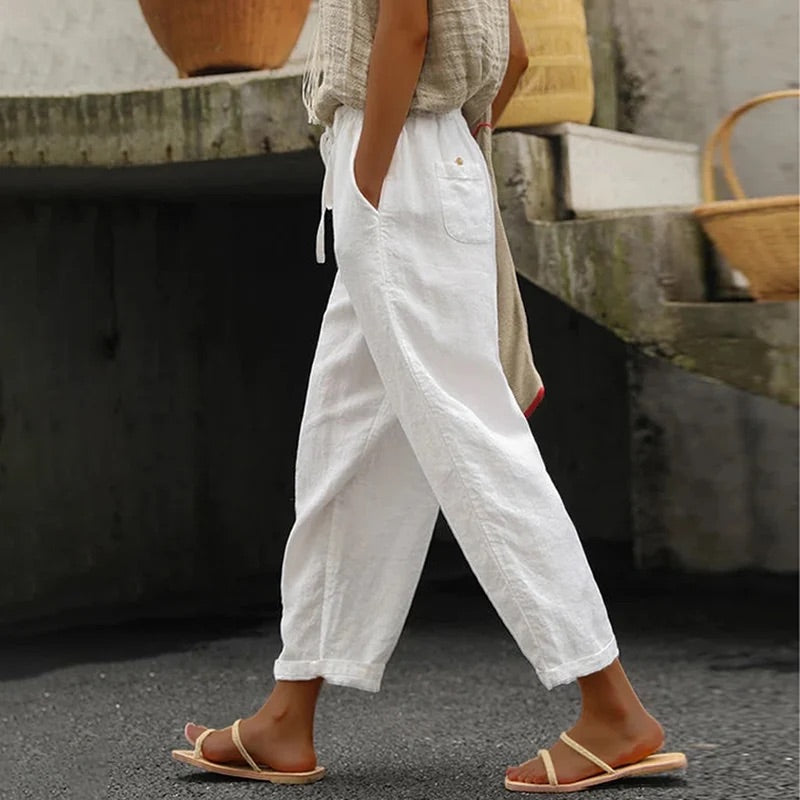 Luna - Pantaloni casual larghi in cotone e lino tinta unita con laccetti