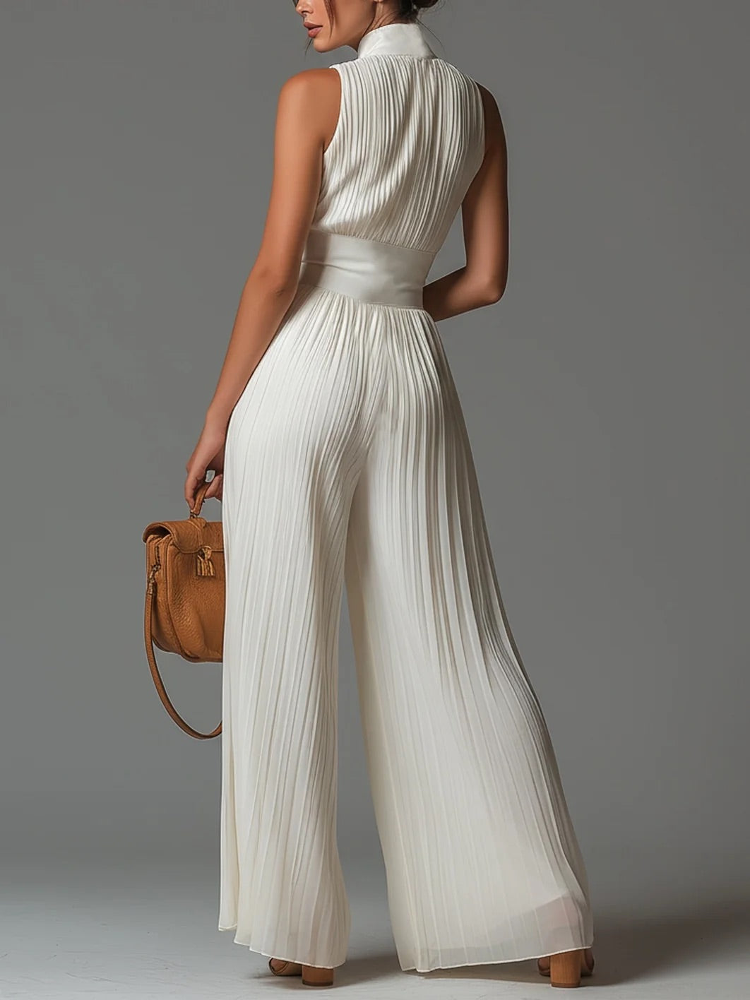 Elena - Tuta bianca in chiffon senza maniche con scollo a V