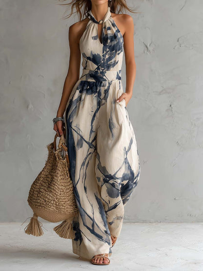 Sofia - Tuta a gamba larga con stampa tie-dye e collo halter, con tasche