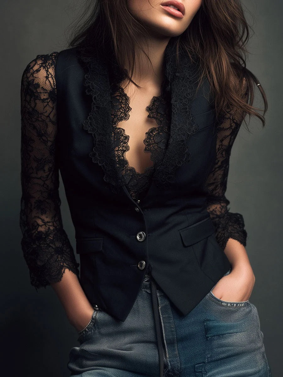 Noémie - Top Blazer Nero con Maniche Semitrasparenti