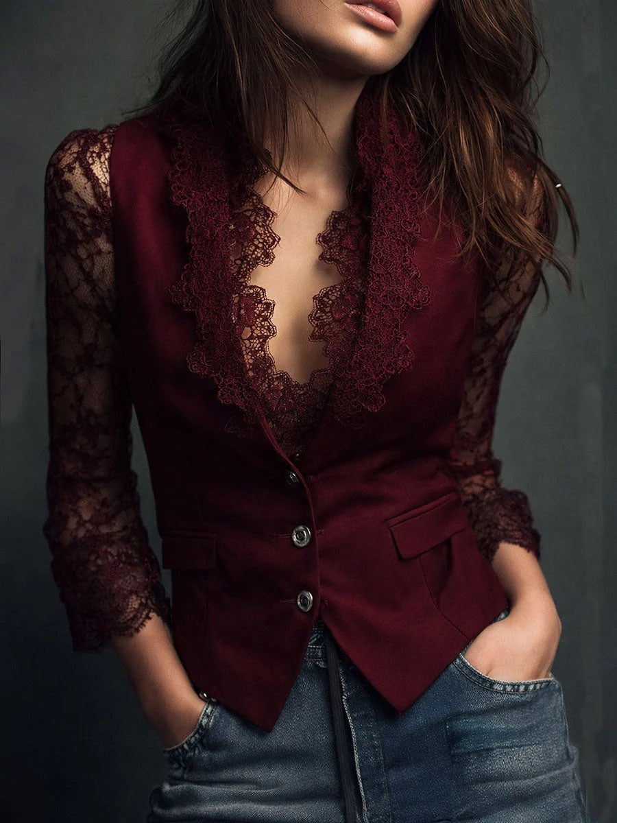 Noémie - Top Blazer Nero con Maniche Semitrasparenti