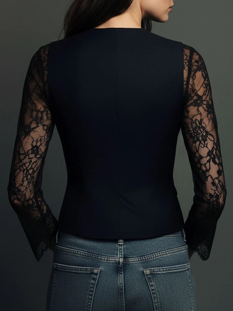 Noémie - Top Blazer Nero con Maniche Semitrasparenti