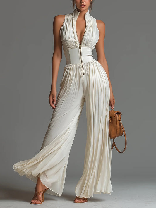 Elena - Tuta bianca in chiffon senza maniche con scollo a V