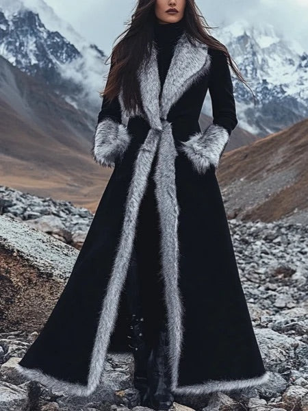 Camilla - Cappotto lungo in pile con patchwork in camoscio sintetico, stile etnico retrò